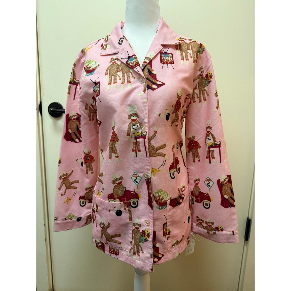 Vtg Nick & Nora Pink Sock Monkey Pajama Top XL 16 Sock Monkey